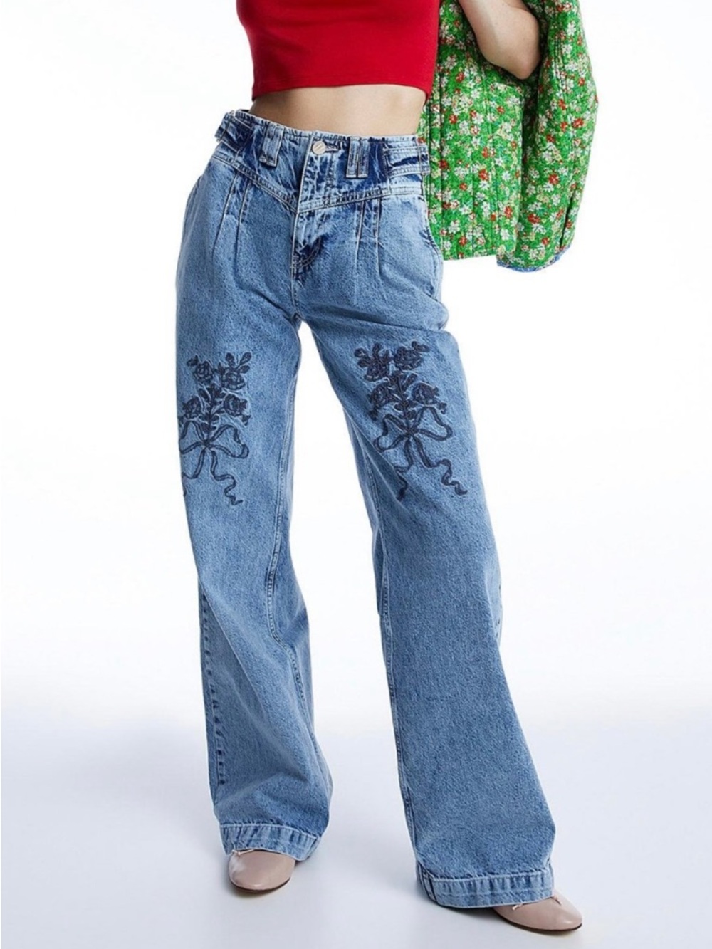 Damson Madder Embroidered Light Blue Wide-Leg Jeans msrp$240